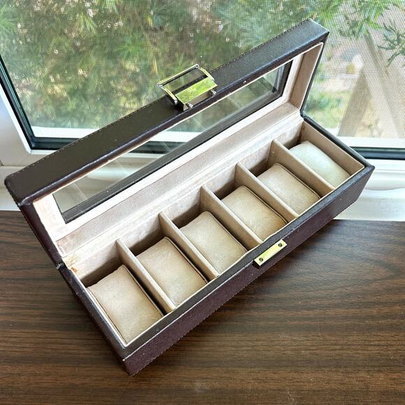 Vintage Brown Faux Leather 6 Slot Watch Box with Glass Lid and Cushions - Picture 9 of 16